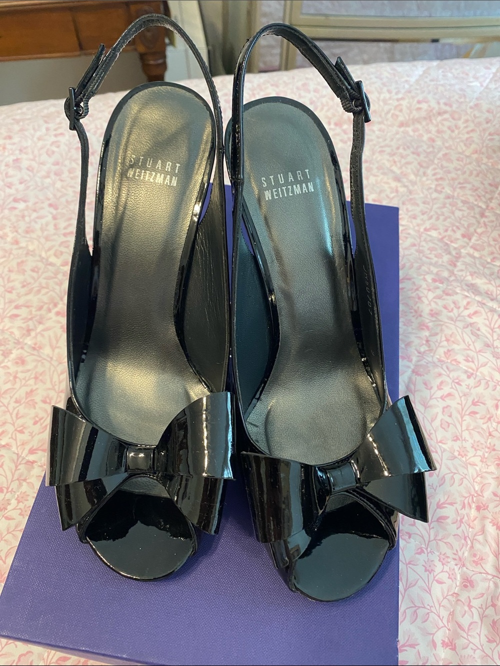 Stuart Weitzman Black Patent Slingback Peep-Toe Heels with Bow Detail